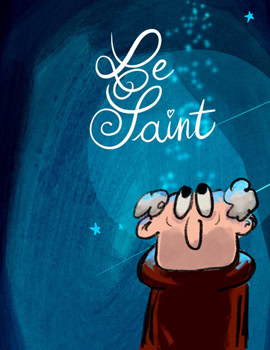 Illustration d'un personnage avec des cheveux gris, portant une robe marron, regardant vers le haut avec le texte "Le Saint" écrit au-dessus sur un fond bleu sombre.