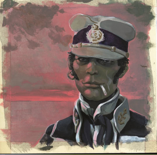 Illustration du personnage "Corto Maltes"  uniforme avec une casquette blanche, fumant une cigarette, sur un fond de ciel rouge et nuageux.