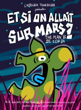 Couverture de livre avec un dessin coloré d'une créature verte et jaune, entourée de plantes roses, sur un fond bleu foncé avec des étoiles. Texte en blanc.