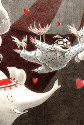 Une personne en pyjama volant parmi des éléphants dans un décor de cirque, avec des cœurs rouges flottants.
