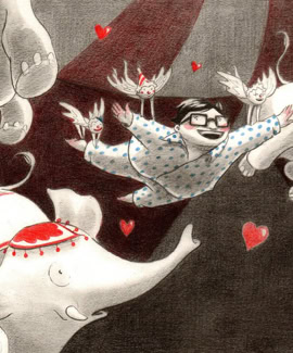 Une personne en pyjama volant parmi des éléphants dans un décor de cirque, avec des cœurs rouges flottants.