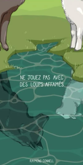 Deux animaux debout près d'une flaque d'eau, avec leurs reflets montrant des loups. Texte en français au-dessus de l'eau.