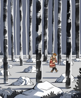 Une personne marche dans une forêt enneigée avec de grands arbres et des rochers recouverts de neige.