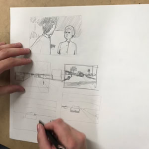 Deux mains dessinant des croquis au crayon sur une feuille de papier, avec des illustrations de personnages et de paysages.