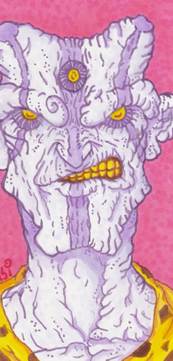 Illustration d'une créature fantastique avec une peau violette et rugueuse, trois yeux jaunes, des oreilles pointues, et une expression grinçante, sur un fond rose.