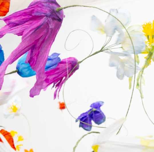 Éden, est une invitation au rêve et l’illustration d’un jardin perdu aux fleurs imaginaires, fragiles et délicates. Telle une évocation métaphorique, la main de l’artiste se substitue à la nature pour recréer l’illusion d’une beauté en péril. Sculpture de papier installation