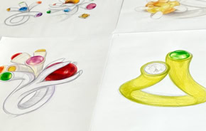 Dessins de bijoux colorés avec des formes abstraites et des pierres précieuses sur papier blanc.