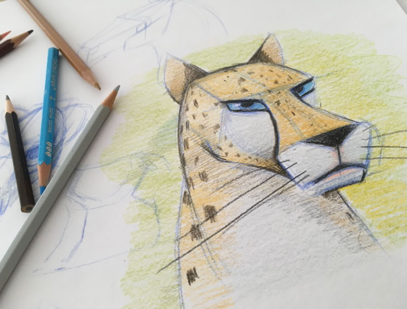 Dessin d'un guépard avec des crayons de couleur autour.