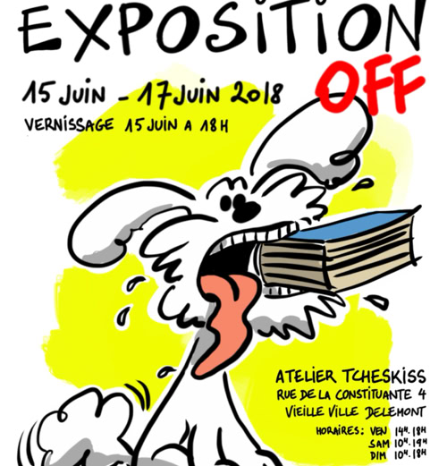 Affiche colorée avec un chien blanc tenant des livres dans sa gueule, texte annonçant le Festival Delémont BD 2018, dates et informations sur l'exposition.