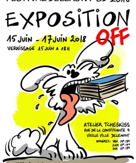 Affiche colorée avec un chien blanc tenant des livres dans sa gueule, texte annonçant le Festival Delémont BD 2018, dates et informations sur l'exposition.