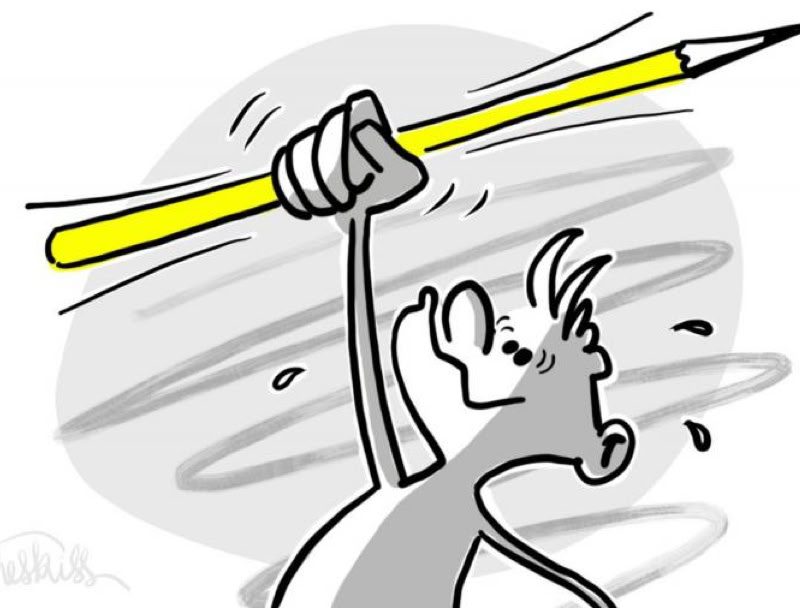 Dessin d'une personne tenant un grand crayon jaune pointé vers le haut, avec un fond gris tourbillonnant.
