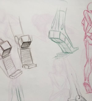 Croquis de formes géométriques et d'une silhouette humaine en rose sur papier blanc.