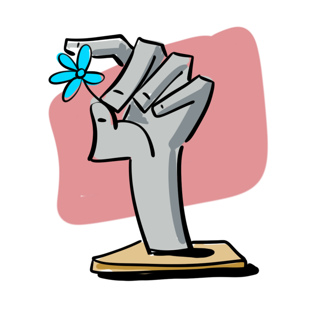 Sculpture d'une main grise tenant une petite fleur bleue, posée sur un socle, avec un fond rose.