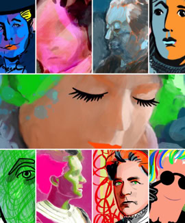 Collage de portraits artistiques colorés avec des visages stylisés et des expressions variées.
