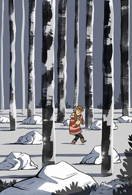 Une personne marche dans une forêt enneigée avec de grands arbres et des rochers recouverts de neige.