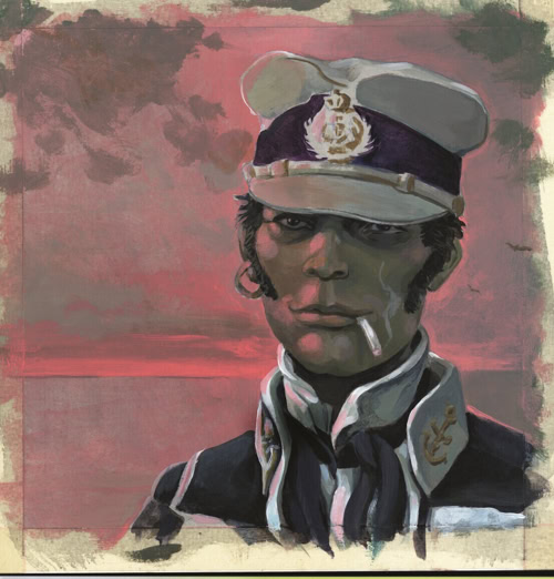 Illustration du personnage "Corto Maltes"  uniforme avec une casquette blanche, fumant une cigarette, sur un fond de ciel rouge et nuageux.