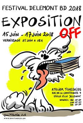 Affiche colorée avec un chien blanc tenant des livres dans sa gueule, texte annonçant le Festival Delémont BD 2018, dates et informations sur l'exposition.