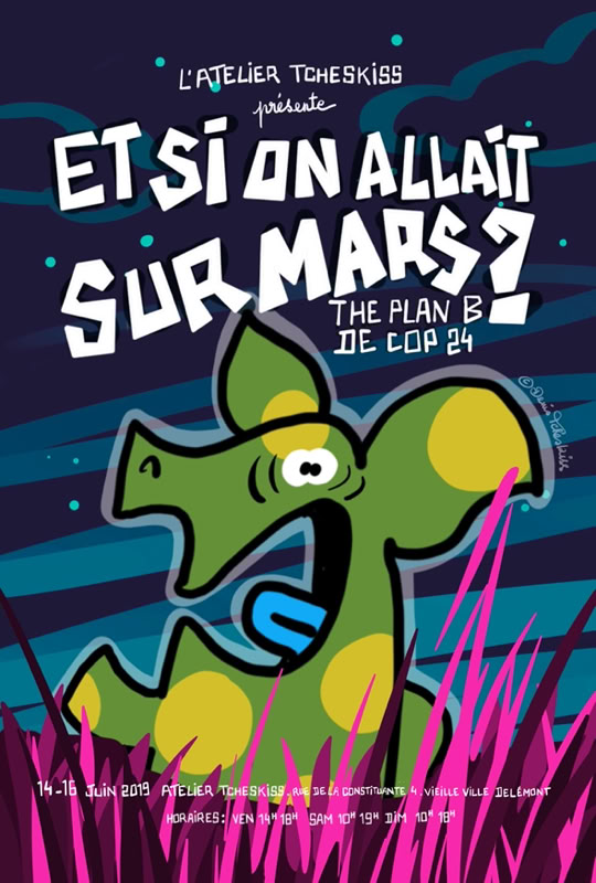 Couverture de livre avec un dessin coloré d'une créature verte et jaune, entourée de plantes roses, sur un fond bleu foncé avec des étoiles. Texte en blanc.