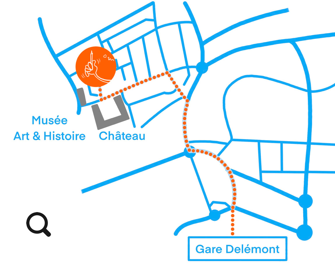 Carte schématique avec des lignes bleues et rouges indiquant des routes et des emplacements, incluant "Atelier TCHESKISS", "Musée Art & Histoire", "Château", et "Gare Delémont".