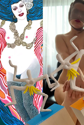 Image composite avec une illustration colorée d'une femme à gauche et une personne nue avec un visage flouté à droite, tenant deux petites sculptures blanches sur des socles.