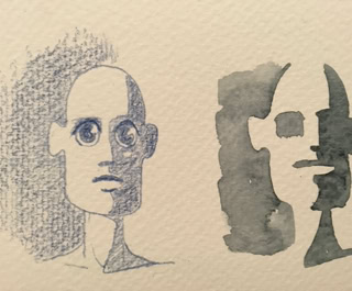 Deux visages abstraits dessinés côte à côte, l'un avec des détails et l'autre en silhouette, sur un fond texturé.