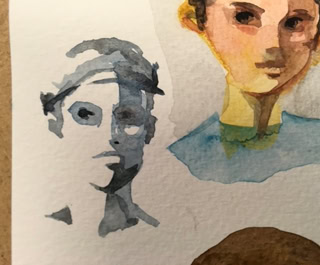 Deux portraits peints à l'aquarelle sur papier, l'un en nuances de bleu et l'autre en couleurs chaudes, avec un fond blanc.