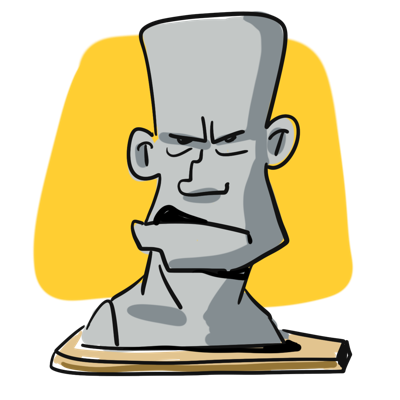 Illustration d'un buste en pierre avec une expression sévère, sur un socle en bois, avec un fond jaune.