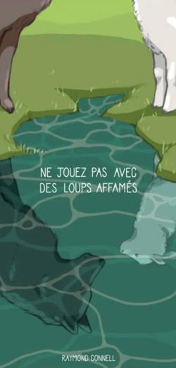 Deux animaux debout près d'une flaque d'eau, avec leurs reflets montrant des loups. Texte en français au-dessus de l'eau.