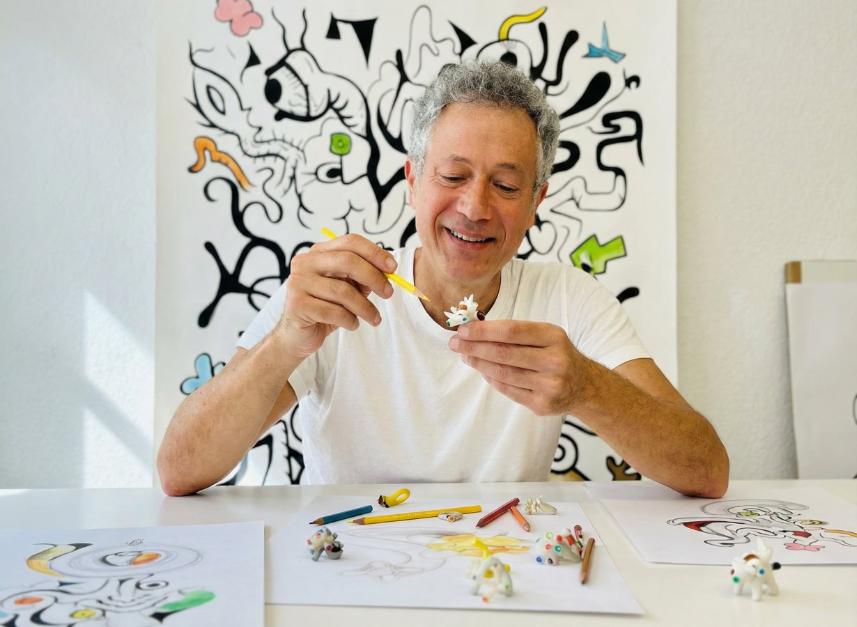 Un crayon jaune avec une bague en résine en forme de fleur blanche ornée de perles colorées, posé sur une surface blanche avec des perles dispersées autour.
