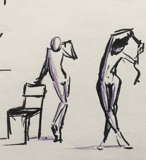 Dessin de deux figures humaines stylisées, l'une appuyée contre une chaise et l'autre tenant un objet au-dessus de sa tête.