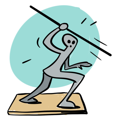 Illustration d'une figure stylisée tenant une lance, en position de lancer, sur un fond bleu.