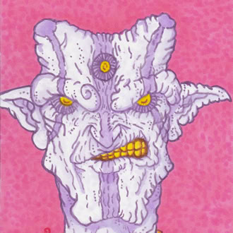 Créature fantastique avec trois yeux et une peau texturée violette sur un fond rose.