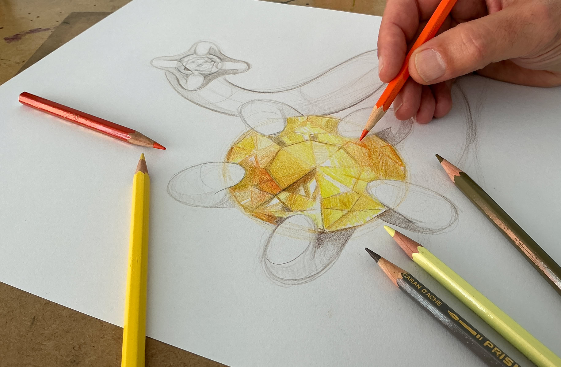 Création et design de joaillerie, dessin à la main, collection haut de gamme