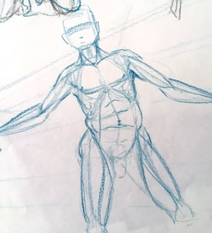 Croquis d'une figure humaine musclée avec les bras écartés, dessiné au crayon bleu.