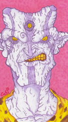 Illustration d'une créature fantastique avec une peau violette et rugueuse, trois yeux jaunes, des oreilles pointues, et une expression grinçante, sur un fond rose.