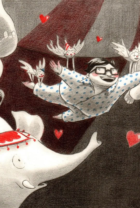 Une personne en pyjama volant parmi des éléphants dans un décor de cirque, avec des cœurs rouges flottants.