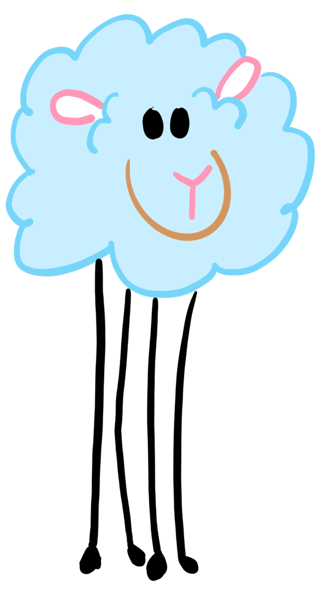Dessin d'un mouton bleu avec un visage souriant et des pattes fines.