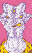 Illustration d'une créature fantastique avec une peau violette et rugueuse, trois yeux jaunes, des oreilles pointues, et une expression grinçante, sur un fond rose.