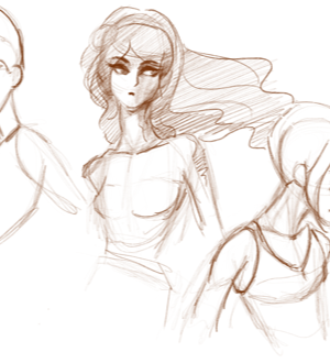 Croquis de trois personnages féminins avec des coiffures et expressions différentes.