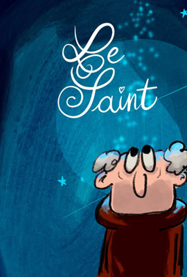 Illustration d'un personnage avec des cheveux gris, portant une robe marron, regardant vers le haut avec le texte "Le Saint" écrit au-dessus sur un fond bleu sombre.