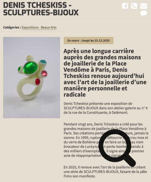 Denis Tcheskiss. Article de presse d'une page web avec une photo d'une bague ornée de pierres colorées à gauche et du texte en français à droite.