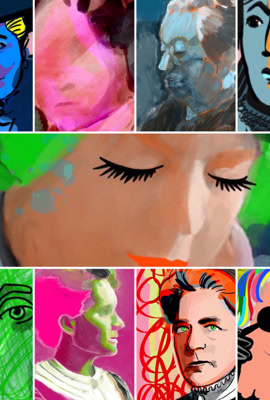 Collage de portraits artistiques colorés avec des visages stylisés et des expressions variées.