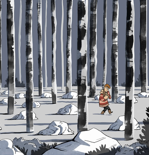 Une personne marche dans une forêt enneigée avec de grands arbres et des rochers recouverts de neige.