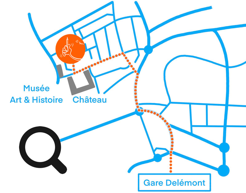 Carte schématique avec des lignes bleues et rouges indiquant des routes et des emplacements, incluant "Atelier TCHESKISS", "Musée Art & Histoire", "Château", et "Gare Delémont".