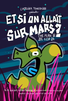 Couverture de livre avec un dessin coloré d'une créature verte et jaune, entourée de plantes roses, sur un fond bleu foncé avec des étoiles. Texte en blanc.