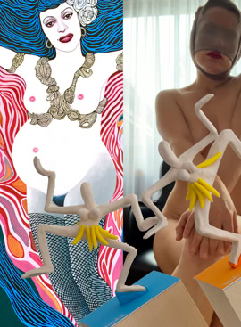 Image composite avec une illustration colorée d'une femme à gauche et une personne nue avec un visage flouté à droite, tenant deux petites sculptures blanches sur des socles.