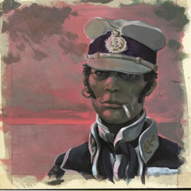 Illustration d'un personnage en uniforme avec une casquette blanche, fumant une cigarette, sur un fond de ciel rouge et nuageux.