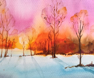 Peinture aquarelle d'un paysage hivernal avec des arbres sans feuilles, un sol enneigé et un ciel aux teintes roses et oranges.