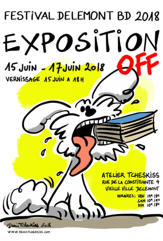 Affiche colorée avec un chien blanc tenant des livres dans sa gueule, texte annonçant le Festival Delémont BD 2018, dates et informations sur l'exposition.